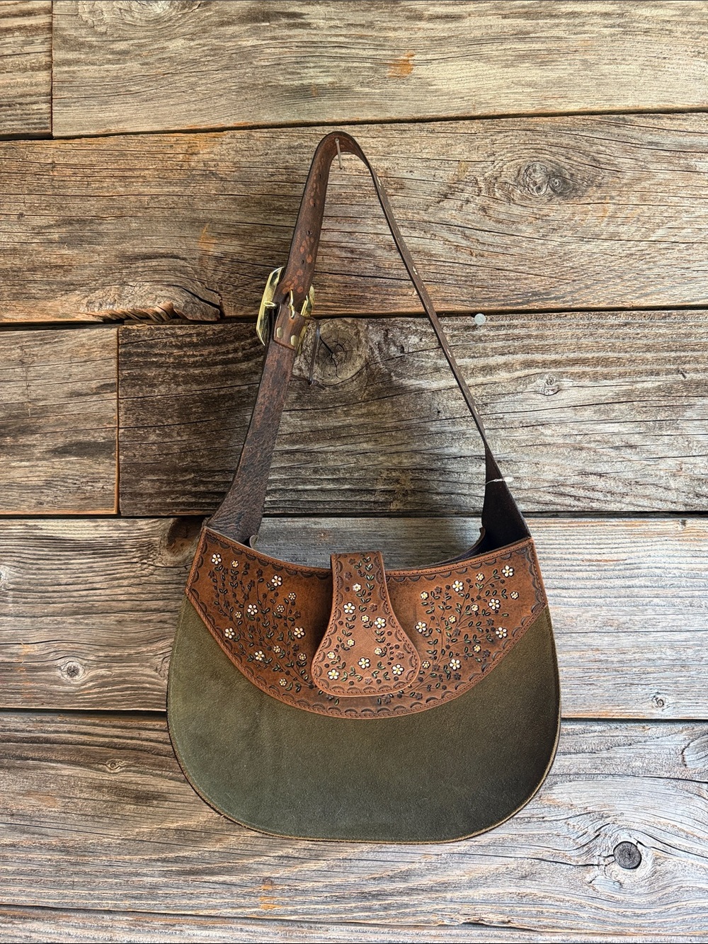 Handmade Embroidered Olive and Brown Shoulder Bag